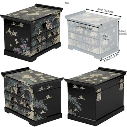 February Mountain Mother of Pearl Wooden Jewelry Organizer Box – Jewelry Storage Box for Women, Features Spacious Drawers, Ideal for Rings, Bracelets, Watches, Chains, Accessories (Crane_Black) - style: Crane_Black