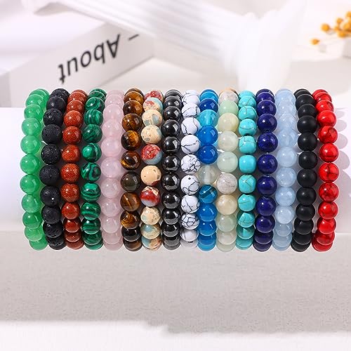 FIRAZIO 16PCS Crystal Stone Beaded Bracelets for Women Men 8MM | Semi-Precious Gemstone Bracelet Round Beaded Stretch Bracelets Unisex Stress Relief Yoga Bracelets Gifts
