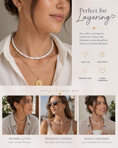 Natural Heishi Gemstone Choker Necklace for Women, Adjustable 15"+2" Beaded Layering Necklace, Coastal Beach Jewelry Gift for Her - color: Mother of Pearl