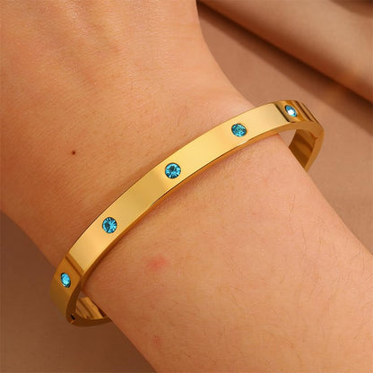 Women’s Gold Bracelet with Blue Crystals – Stainless Steel Slim Hinged Bangle
