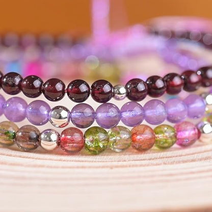 Natural Stone&925 Sterling Silver/18K Gold Anklet,│4MM│9-12 in│, Hand Woven, Adjustable Size - color: Garnet&925 Sterling Silver-3.5MM