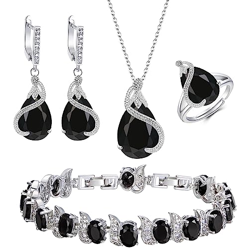 EVER FAITH Wedding Jewelry Set for Bride Bridesmaid, Glamour Teardrop Cubic Zirconia Pendant Necklace Earrings Tennis Bracelet Open Ring Sets for Birthday/Valentine's Day/Mother's Day/Christmas - color: A_Black Silver-Plated-Brass