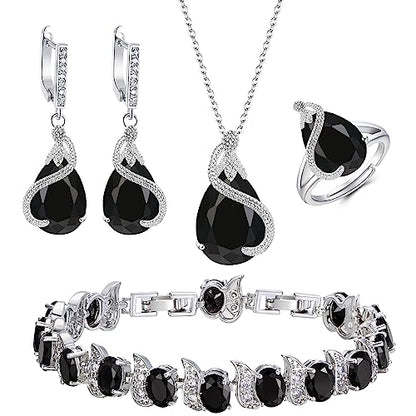 EVER FAITH Wedding Jewelry Set for Bride Bridesmaid, Glamour Teardrop Cubic Zirconia Pendant Necklace Earrings Tennis Bracelet Open Ring Sets for Birthday/Valentine's Day/Mother's Day/Christmas - color: A_Black Silver-Plated-Brass