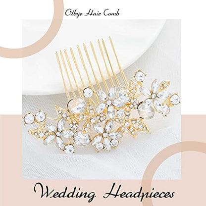 Olbye Rhinestone Crystal Bridal Headpiece - Flower Hair Comb, Clips for Brides, Bridesmaids, and Women (Gold) - color: Gold