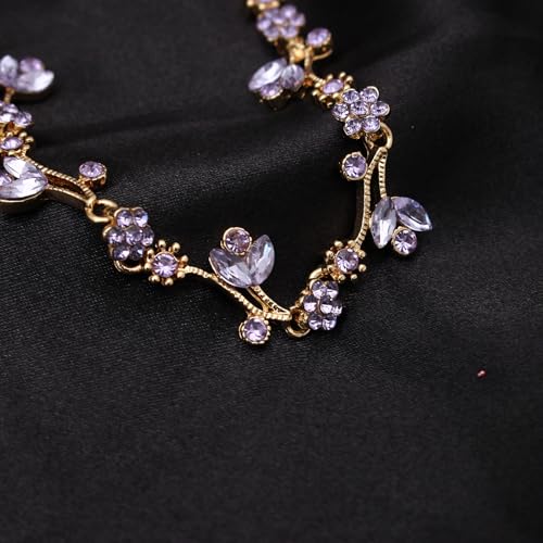 Elegant Brides Austrian Crystal Flower Choker Necklace Drop Dangle Earring Bracelet Wedding Jewelry Set for Bridesmaid Prom Costume Jewelry Set for Women - color: Violet-Gold Plated