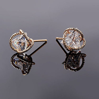 Geometric Triangle Cubic Zirconia Stud Earrings for Womens, Gold-Plated-Brass,…