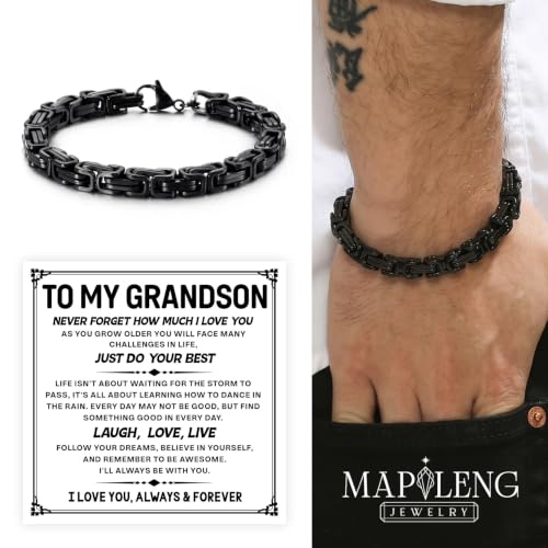 Grandson Gifts from Grandma Grandpa, Black Stainless Steel Bracelet with Meaningful Message Card, Birthday Gift for Grandson, Graduation Christmas Gift, Inspirational Keepsake Jewelry for Men - color: Grandson #4