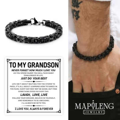 Grandson Gifts from Grandma Grandpa, Black Stainless Steel Bracelet with Meaningful Message Card, Birthday Gift for Grandson, Graduation Christmas Gift, Inspirational Keepsake Jewelry for Men - color: Grandson #4