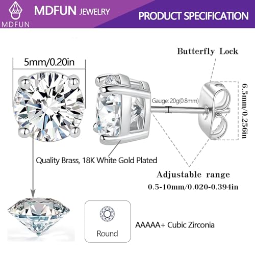 18K White/Yellow Gold Plated Stud Earrings for Men Women 4 Prong Graduated Round Clear Cubic Zirconia Hypoallergenic Earrings Set 3-8MM - color: White Gold Plated, size: 5MM