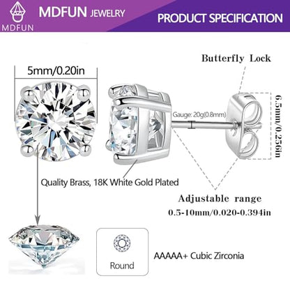 18K White/Yellow Gold Plated Stud Earrings for Men Women 4 Prong Graduated Round Clear Cubic Zirconia Hypoallergenic Earrings Set 3-8MM - color: White Gold Plated, size: 5MM