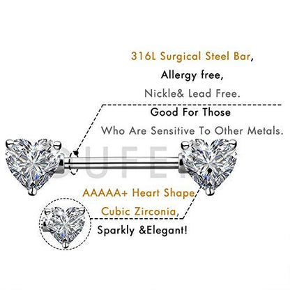 OUFER 2PCS 14G Surgical Steel Nipple Rings Barbell Heart CZ Nipple Rings Piercing for Women nippleshield Piercing Body Piercing - color: Silver