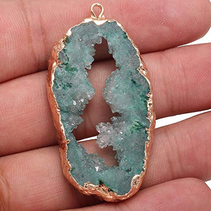 LE SKY natural stone pendant, irregular plated copper edge crystal agate stone pendant for jewelry making DIY necklace charms 25X30-35X45mm (2 Pcs) - color: blue-green