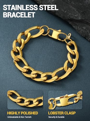 PROSTEEL Bracelets for Men, Figaro/Cuban Mens Bracelet, Silver/Gold/Black | 6/9/13mm Width, 7.5/8.3/9" Length, Stainless Steel Mens Bracelet, Durable & Non Tarnish, Chunky Jewelry with Gift Box - style: C 13mm-Figaro-Gold