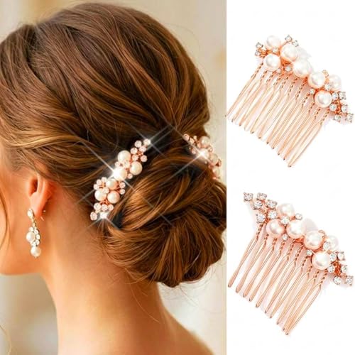 Brishow Rose Gold Hair Combs Bridal Pearl Comb Decorative Small Hair Accessories for Women (2 Pcs) - color: Rose Gold