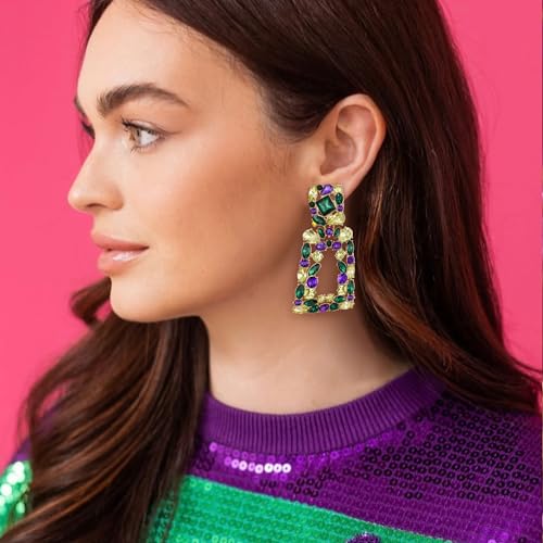 Flyonce Rectangle Clip-on Drop Earrings for Women, Sparkly Rhinestone Crystal Geometric Statement Non Pierced Earring Wedding Prom Party Jewelry for Brides Bridesmaid - color: Mardi Gras
