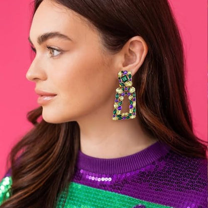 Flyonce Rectangle Clip-on Drop Earrings for Women, Sparkly Rhinestone Crystal Geometric Statement Non Pierced Earring Wedding Prom Party Jewelry for Brides Bridesmaid - color: Mardi Gras