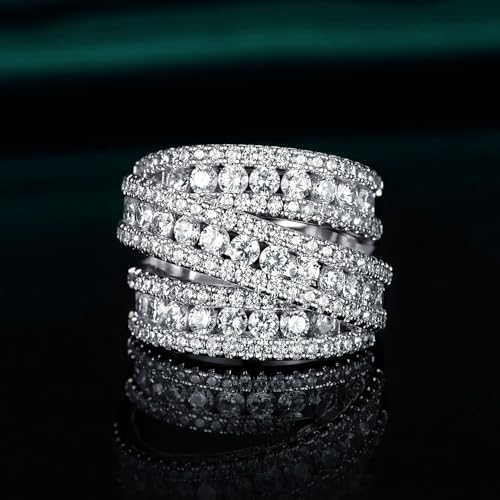 MDFUN Halo Eternity Rings Wedding Bands, 3 Rows Round Cut Cubic Zirconia Statement Rings, 18K White Gold/Yellow Gold Plated Wedding Band for Women Size 5-10 - color: White Gold