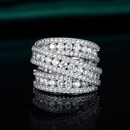 MDFUN Halo Eternity Rings Wedding Bands, 3 Rows Round Cut Cubic Zirconia Statement Rings, 18K White Gold/Yellow Gold Plated Wedding Band for Women Size 5-10 - color: White Gold