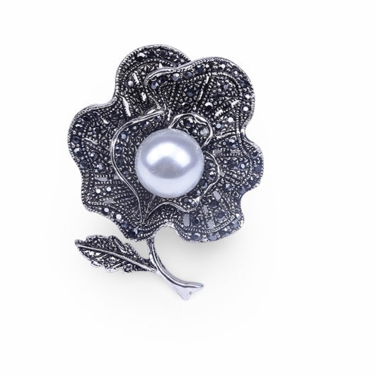 Brooch Pin, Vintage Floral Design In Antique Silver Tone Zinc Alloy With Grey Crystals And Faux Pearl Center - color: MM-BR-0118-GM