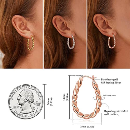 14K Gold Plated Hoop Earrings 925 Sterling Silver Post Earring for Women - color: Rose Gold