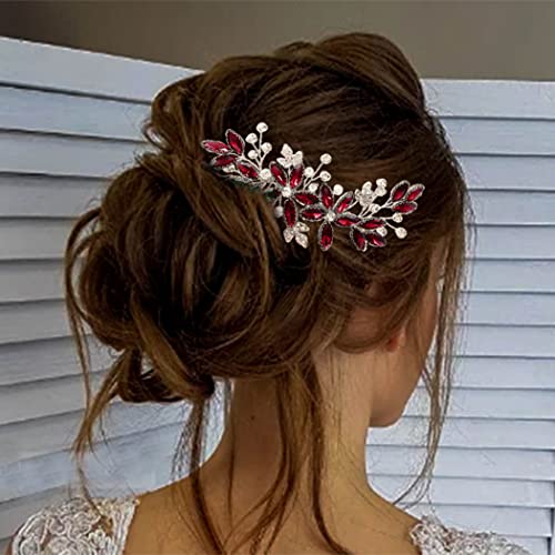 Casdre Crystal Bride Wedding Hair Comb Silver Leaf Bridal Hair Accessories Rhinestone Party Prom Hair Piece for Women and Girls (E Red) - color: E Red