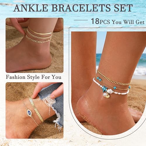 21PCS Gold Ankle Bracelets for Women, Boho Shell Bead Cuban Link Chain Waterproof Gold Anklets Set, Adjustable Layered Anklets for Women Beach Jewelry Gift - color: Gold-cuban chain