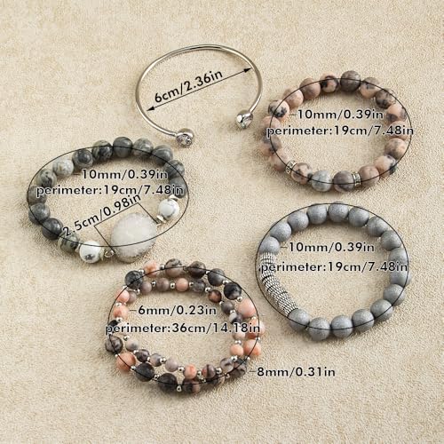 Yomisa Boho Beaded Bracelets/Bangle for Women,Multilayer 5/6/7PCS Healing Natural Handmade Stone Bead Bracelets Stackable Stretch Friendship Beaded Bracelet Set Trendy Western Bohemian Jewelry Gift - color: 5pcs-Zebra Jasper