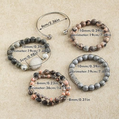 Yomisa Boho Beaded Bracelets/Bangle for Women,Multilayer 5/6/7PCS Healing Natural Handmade Stone Bead Bracelets Stackable Stretch Friendship Beaded Bracelet Set Trendy Western Bohemian Jewelry Gift - color: 5pcs-Zebra Jasper