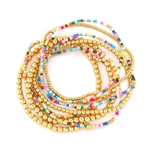 8PCS Colorful Gold Beaded Bracelets for Women Handmade Boho Stretch Stackable Colorful Gold Plated Ball Seed Beads Bracelet Stack Trendy Jewelry Set Prom Friendship Gift