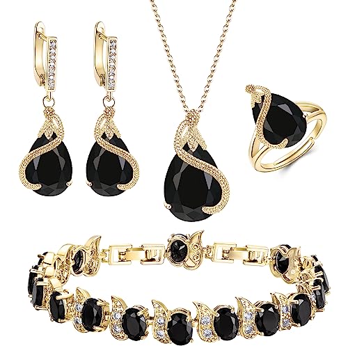EVER FAITH Pear Cubic Zirconia Wedding Jewelry Set for Bride Bridesmaid - color: Black Gold-Plated-Brass