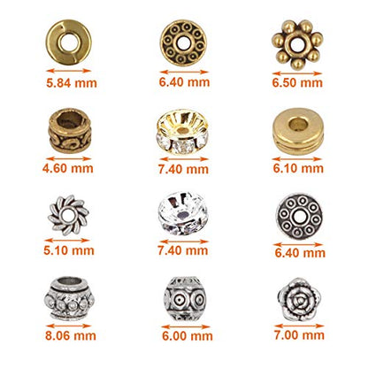 EuTengHao 600pcs Spacer Beads Jewelry Bead Charm Spacers Alloy Spacer Beads for Jewelry Making DIY Bracelets Necklace and Crafting (12 Styles,Silver and Gold)