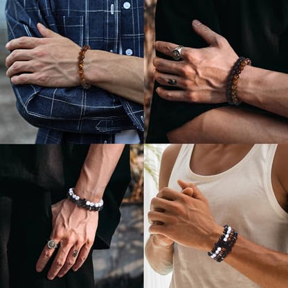 Giovanchi 4-12PCS Bracelets for Men, 8MM Mens Bracelets Lava Rock Black Obsidian Howlite Tiger Eye Beaded Natural Stone Bracelet Jewelry Gifts for Birthday Christmas - style: 8Pcs E