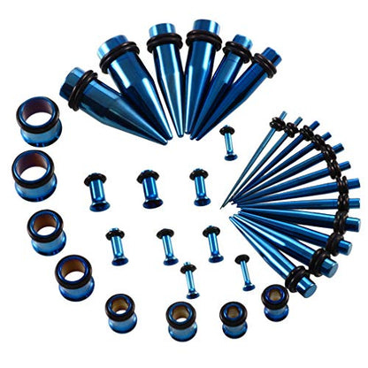 36pcs Ear Stretching Kit 14G-00G Surgical Steel Tapers Tunnels Gauges Set for Starter Women and Men Expanders Body Piercing Jewelry - color: Blue