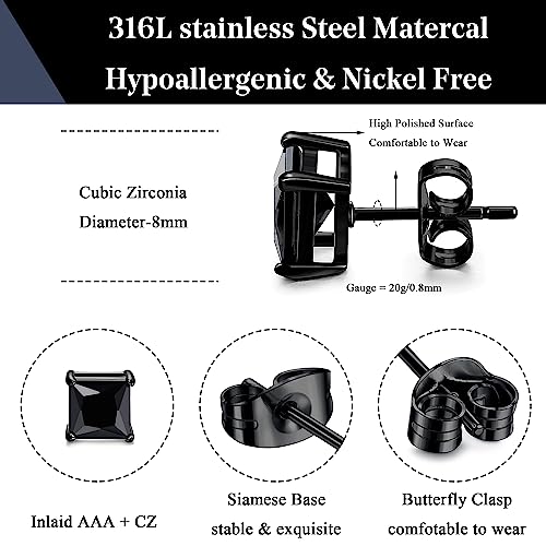 ORAZIO Black Silver Earrings for Men,Stainless Steel Cubic Zirconia Earrings 20G Mens Earrings Hypoallergenic CZ Earrings Studs Trendy Square Earring Studs Set 4-8MM - style: 2 Pairs,Cubic Zirconia Diameter:8mm