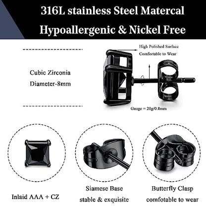 ORAZIO Black Silver Earrings for Men,Stainless Steel Cubic Zirconia Earrings 20G Mens Earrings Hypoallergenic CZ Earrings Studs Trendy Square Earring Studs Set 4-8MM - style: 2 Pairs,Cubic Zirconia Diameter:8mm