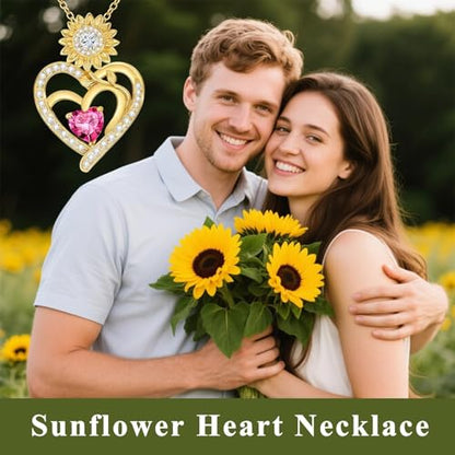 Midari Sunflower Necklace 18k Gold Plated Heart with Brithstone You Are My Sunshine Necklace Anniversary Birthday Sunflower Jewelry Gift for Women Wife Mom - color: 10-October