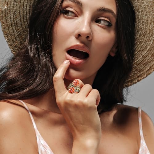 Statement Flower Ring Cocktail Leaf Ring Birthstone Anniversary Signet Ring | Hypoallergenic|14K Gold Plated|Sterling Silver Sparkling Engagement Promise Party Ring for Women, Size 6 to 10(With Box) - color: Flower - Garnet