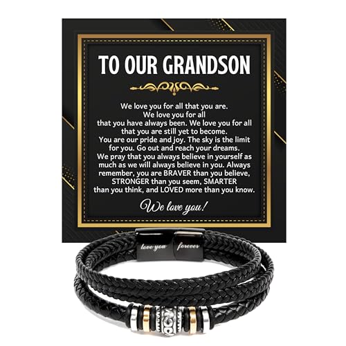 To Our Grandson Bracelet from Grandpa and Grandma - Love You Forever Engraved Leather Wristband with Inspirational Message Card - Sentimental Birthday Graduation Gift for Men, Teen - color: Version-05