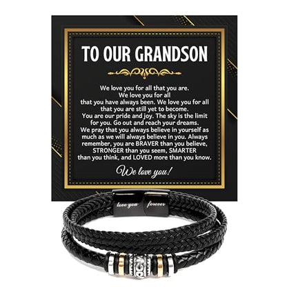 To Our Grandson Bracelet from Grandpa and Grandma - Love You Forever Engraved Leather Wristband with Inspirational Message Card - Sentimental Birthday Graduation Gift for Men, Teen - color: Version-05