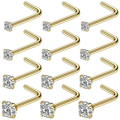 18G 20G 22G L Shaped Nose Rings Stud with Cubic Zirconia Hypoallergenic 316L Surgical Grade Stainless Steel Nose Nostril Rings Body Piercing Jewelry for Women Men CZ Size 1.5mm 2mm 2.5mm 3mm - color: 22G Gold CZ 1.5mm-3mm