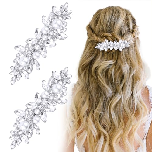 WHAVEL Pearl Hair Clips for Women, 2 PCS French Barrette Hair Clips Rhinestone Decorative Hair Accessories for Women Bride (Silver)