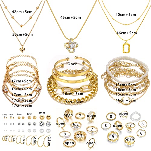 IFKM Gold Plated Jewelry Set for Women,14k Gold Plated Multi Layer Necklaces Stackable Bangle Bracelets Stackable Knuckle Rings Hoop Earrings Set Anniversary Trendy Elegance Charms Anniversary Birthday Jewelry Gift - color: Gold