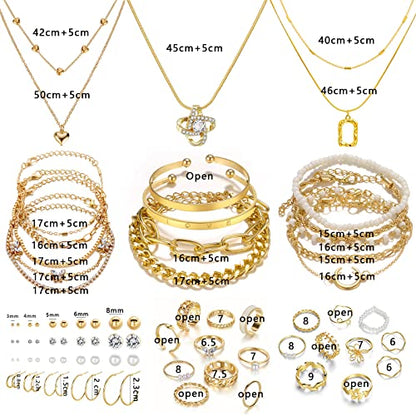 IFKM Gold Plated Jewelry Set for Women,14k Gold Plated Multi Layer Necklaces Stackable Bangle Bracelets Stackable Knuckle Rings Hoop Earrings Set Anniversary Trendy Elegance Charms Anniversary Birthday Jewelry Gift - color: Gold