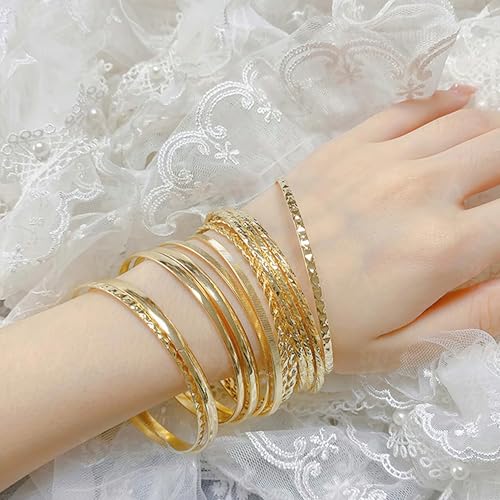 12PCS Sterling Silver Bangle Bracelets for Women Stack Chunky Indian MultiLayer Stackable Textured Boho Simple Delicate Jewelry Set Non Tarnish Birthday Gifts for Women Her