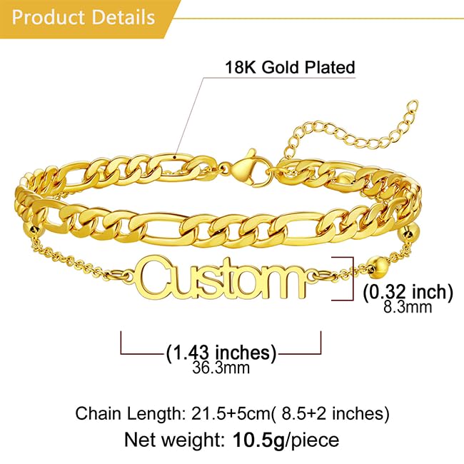 U7 Custom Layered Ankle Bracelets for Women Stainless Steel Bead/Cuban/Figaro/Rope/Wheat Chain Anklet Waterproof Anklet Jewelry for Beach Vacation - color: a-Gold Plated-Figaro Chain