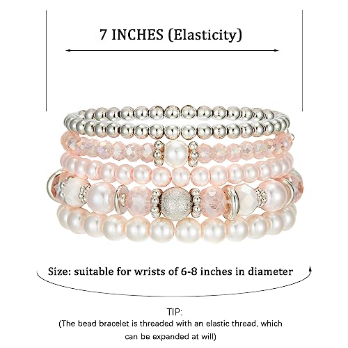 Noessla Beaded Pearl Stretch Bracelet Silver Stackable Crystal Beads Bracelets Trendy Costume Jewelry Mothers Day Gifts for Women - color: Pink