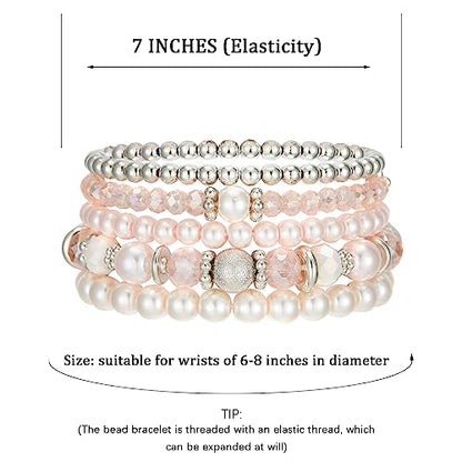 Noessla Beaded Pearl Stretch Bracelet Silver Stackable Crystal Beads Bracelets Trendy Costume Jewelry Mothers Day Gifts for Women - color: Pink