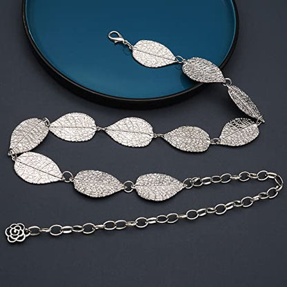 Metal Waist Chain Body Jewelry Link Belt for Women Girls - color: Leaf Silver 1, size: XL: 59 in (150 cm)
