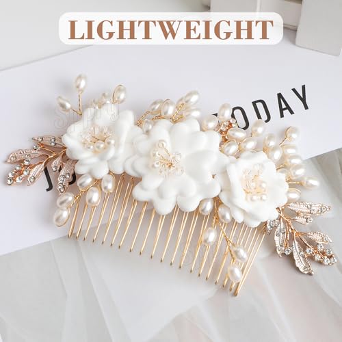 Fancy White Flower Bride Wedding Hair Comb, Handmade Pearl Rhinestone Hair Accessory for Bridal Women (Gold with 3 Flowers) - color: Style 1(with 3 Flowers)