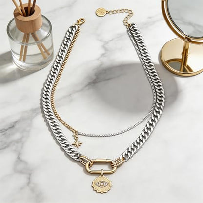 Mixed Metal Stack for Women, Multi Layered Two Tone Gold and Silver Coin Pendant Paperclip Stacked Necklace with Star and Celestial Charms, Chunky Trendy Statement Jewelry Gifts - color: Silver